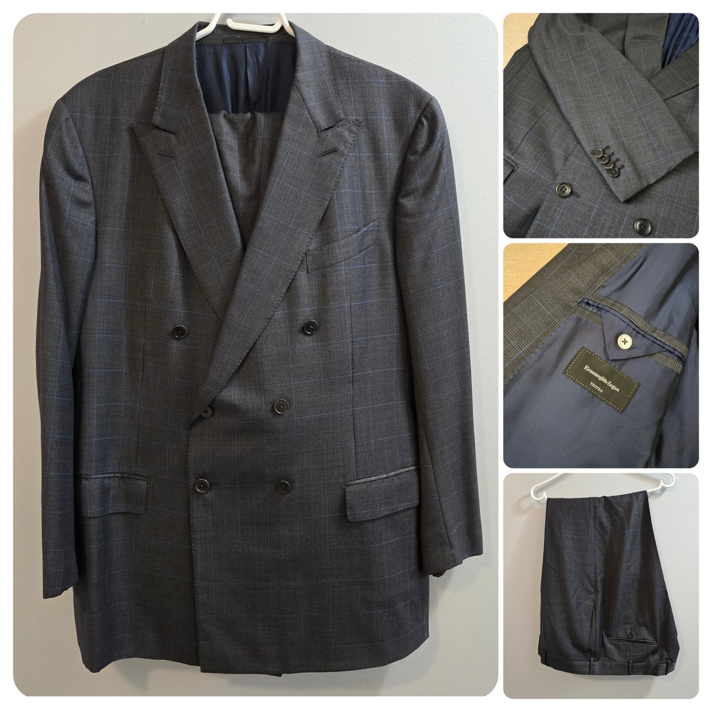 Ermenegildo Zegna Gray Prince Of Wales Checked Double-Breasted Suit EU 58 US 46